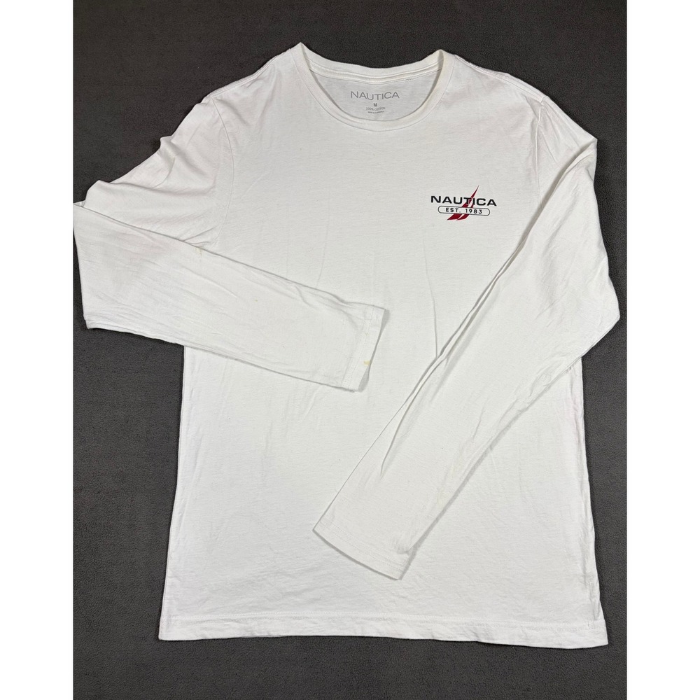 Nautica Long Sleeve T-Shirt Mens Size M White Graphic Est 1983 Cotton